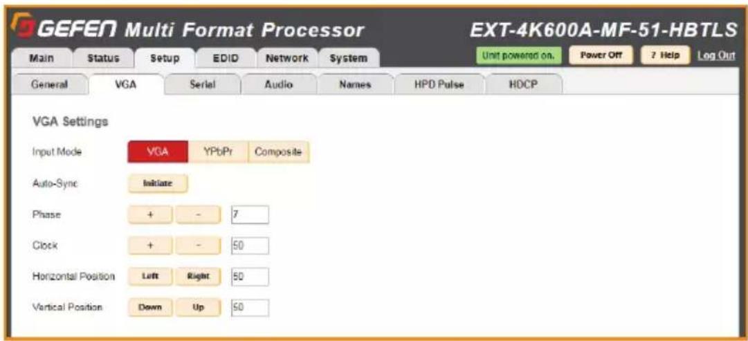 GEFEN Multi Format Processor EXT-4K600A-MF-51-HBTLS Main Status Nepal Setup EDID Network System Unit powered on. Power Off ? Help Log Out General VGA Serial Audio Names HPD Pulse HDCP VGA Settings Input Mode VGA YPbPr Composite Auto-Sync Initiate Phase + - 7 Clock + - 50 Horizontal Position Left Right 50 Vertical Position Down Up 50