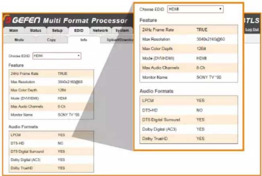 GEFEN Multi Format Processor Main Status_SetUP EDID Network System Mode Copy Info Upload!Downlink Choose EDID:HDMI Feature 24Hz Frame Rate TRUE Max Resolution 3840x2160@60 Max Color Depth 12Bit Mode (DV/HDMI) HDMI Max Audio Channels 8-Ch Monitor Name SONY TV *00 Audio Formats LPCM YES DTS-HD N0 DTS Digital Surround YES Dolby Digital (AC3) YES Dolby TrueHD YES Choose EDID:HDMI Feature 24Hz Frame Rate TRUE Max Resolution 3840x2160@60 Max Color Depth 12Bit Mode (DV/HDMI) HDMI Max Audio Channels 8-Ch Monitor Name SONY TV *00 Audio Formats LPCM YES DTS-HD N0 DTS Digital Surround YES Dolby Digital (AC3) YES Dolby TrueHD YES