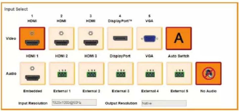 Input Select 1 HDMI 2 HDMI 3 HDMI 4 DisplayPort™ 5 VGA Video HDMI 1 HDMI 2 HDMI 3 DisplayPort VGA Auto Switch Audio Embedded External 1 External 2 External 3 External 4 External 5 No Audio Input Resolution 1920x1060@60Hz Output Resolution Native