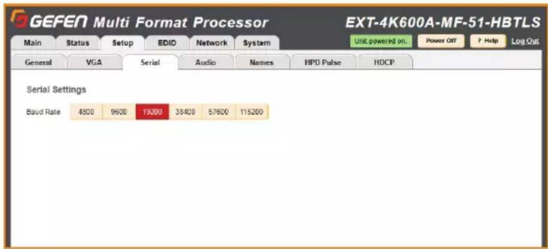 GEFEN Multi Format Processor EXT-4K600A-MF-51-HBTLS Unit powered on. Power Off ? Help Log Out Main Status Setup EDID Network System General VGA Serial Audio Names HPD Pulse HDCP Serial Settings Baud Rate 4800 9600 19200 38400 57600 115200