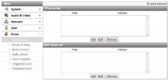 Menu System Audio & Video Network User Event FTP server Set Alias Address Adds Edit Remove SMTP server list Alias Address Adds Edit Remove