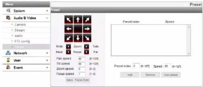 Meru System Audio & Video Camera Stream Audio PT2 config Photo Network User Event Preset Wide Zoom Tele Max Focus Far Pan speed 60 [0-127] Tilt speed 60 [0-127] Zoom speed 5 [0-2] Focus speed 1 [1-2] Save Focus Pull Preset index Speed Preset index 0 [0-127] Speed: 60 [0-127] Add Remove Gain preset Preset