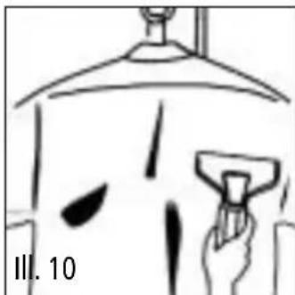 Illustration of a hand holding a tool near a ceiling fixture, with no visible text or symbols