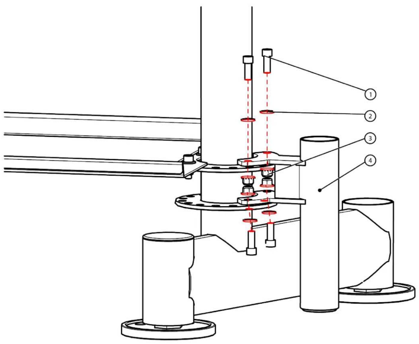 Technical diagram of a mechanical assembly with numbered components and red dashed lines indicating alignment or measurement points.