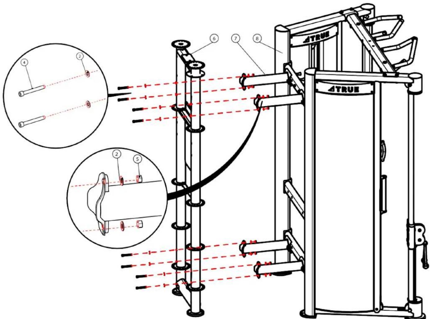 Technical diagram of a gym equipment with numbered components and cross-sectional views