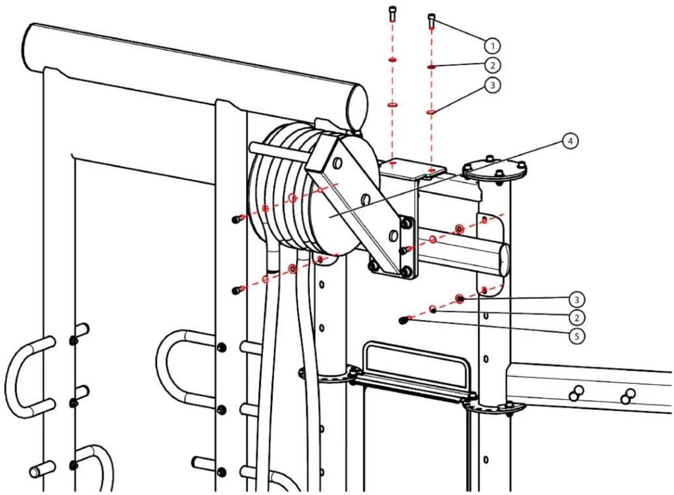 Technical diagram of a mechanical device with numbered components and red dashed lines indicating alignment or assembly points.