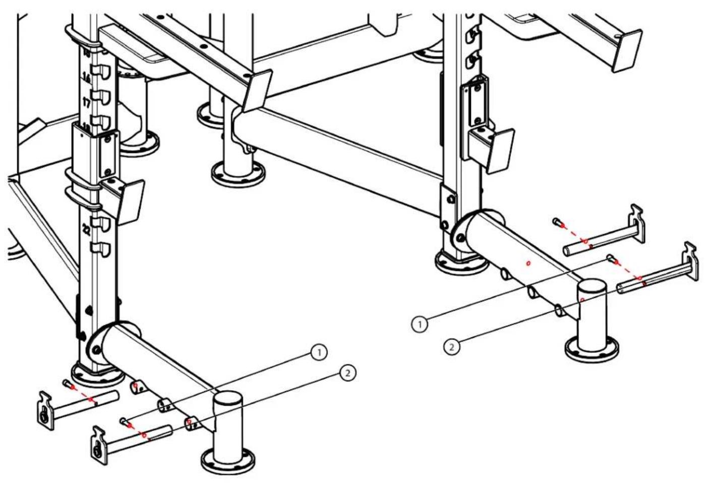 Technical diagram of a mechanical assembly with numbered components and alignment indicators