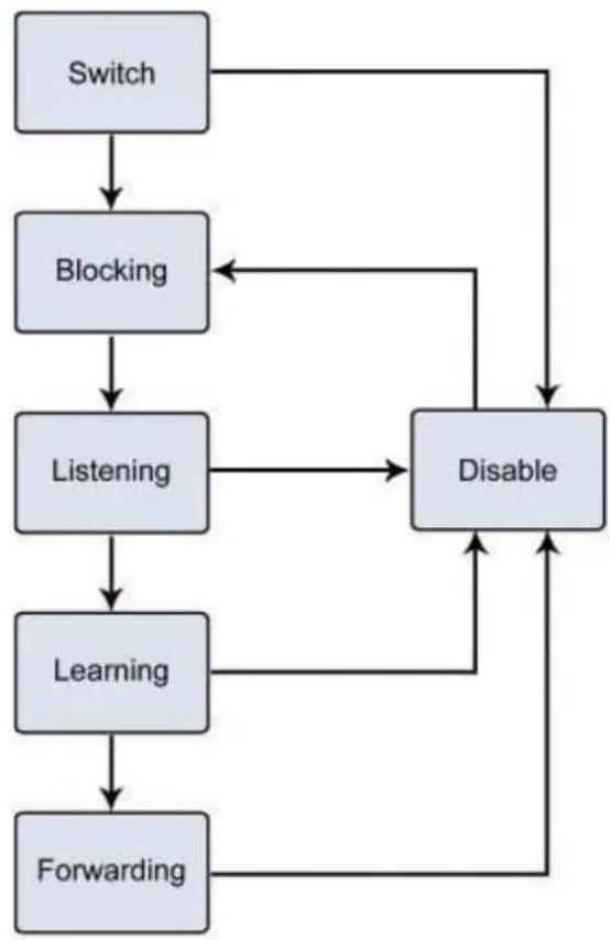 graph TD A["Switch"] --> B["Blocking"] B --> C["Listening"] C --> D["Learning"] D --> E["Forwarding"] E --> F["Disable"] F --> B C --> G["Disable"] G --> F