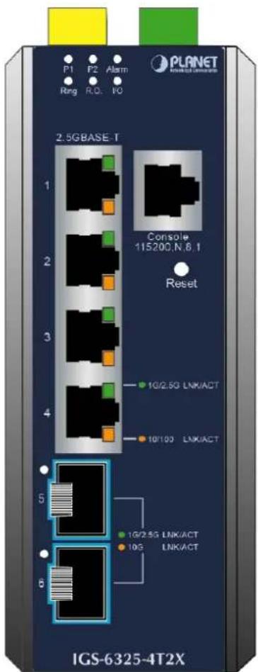 P1 P2 Alarm Ring R.O. I/O PLANET RANGE SWITCHER 2.5GBASE-T 1 Console 115200,N,B,I Reset 2 1G/2.5G LNK/ACT 3 10/100 LNK/ACT 4 5 1G/2.5G LNK/ACT 6 10S LNK/ACT IGS-6325-4T2X