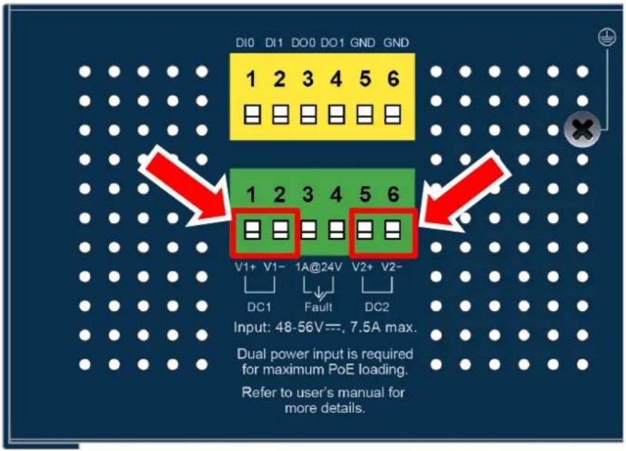 DI0 DI1 DO0 DO1 GND GND 1 2 3 4 5 6 V1+ V1- 1A@24V V2+ V2- DC1 Fault DC2 Input: 48-56V==, 7.5A max. Dual power input is required for maximum PoE loading. Refer to user's manual for more details.