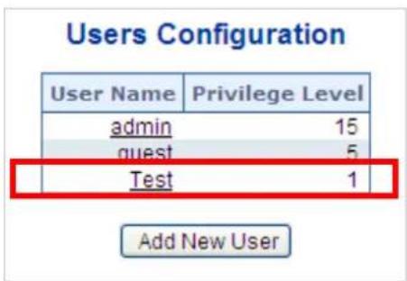Users Configuration User Name Privilege Level admin 15 guest 5 Test 1 Add New User