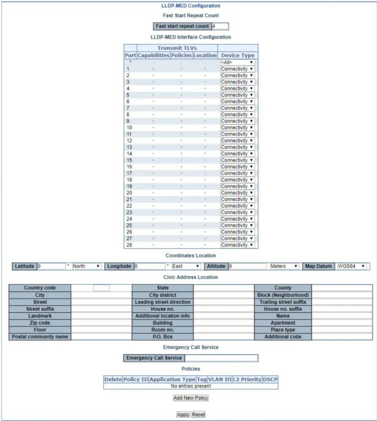 LLDP-MED Configuration Fast Start Repeat Count Fast start repeat count 4 LLDP-MED Interface Configuration Transmit TLVs Port Capabilities Policies Location Device Type * 1 2 3 4 5 6 7 8 9 10 11 12 13 14 15 16 17 18 19 20 21 22 23 24 25 26 27 28 Coordinates Location Latitude 0 * North ▼ Longitude 0 *…