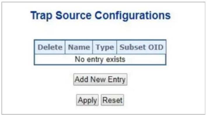 Trap Source Configurations Delete Namen Type Subset OID No entry exists Add New Entry Apply Reset