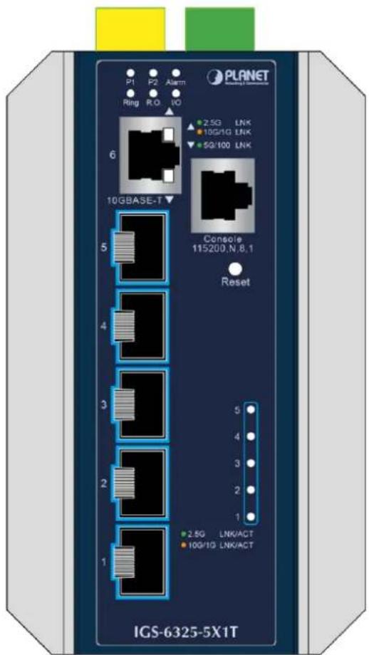 P1 P2 Alarm Ring R.O SO PLANET PLANET 6 10GBASE-T Console 115200,N,8,1 Reset 5 4 3 2 1 2.5G LNK 10G/1G LNK 5G/100 LNK IGS-6325-5X1T