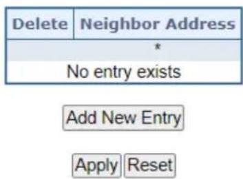Delete Neighbor Address * No entry exists Add New Entry Apply Reset