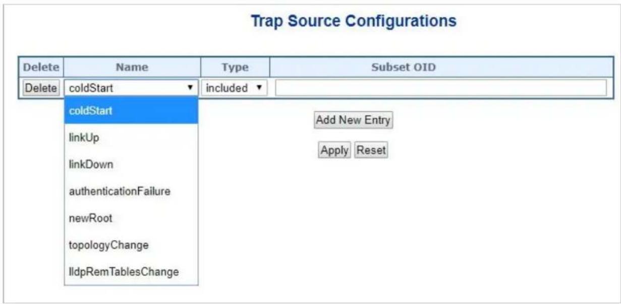 Trap Source Configurations Delete Name Type Subset OID Delete coldStart included coldStart linkUp linkDown authenticationFailure newRoot topologyChange IldpRemTablesChange Add New Entry Apply Reset