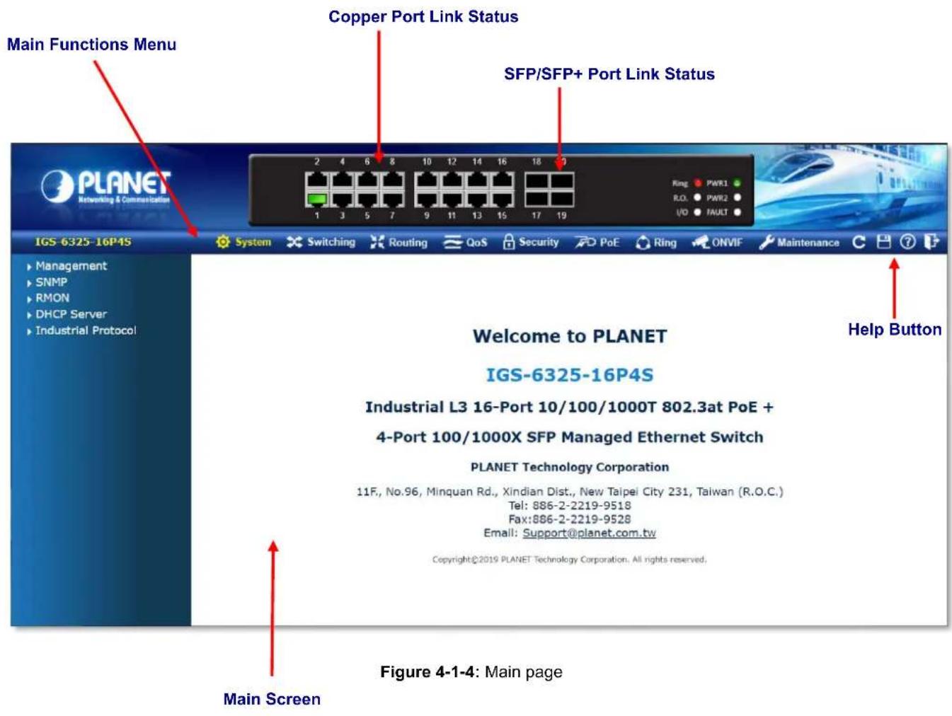 Main Functions Menu Copper Port Link Status SFP/SFP+ Port Link Status IGS-6325-16P4S Management SNMP RMON DHCP Server Industrial Protocol 2 4 6 8 10 12 14 16 18 19 1 3 5 7 9 11 13 15 17 19 Ring PWR1 R.O. PWR2 UO FAULT System Switching Routing QoS Security PoE Ring ONVIF Maintenance Help Button Welco…