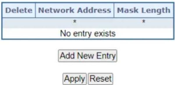 Delete Network Address Mask Length * * No entry exists Add New Entry Apply Reset