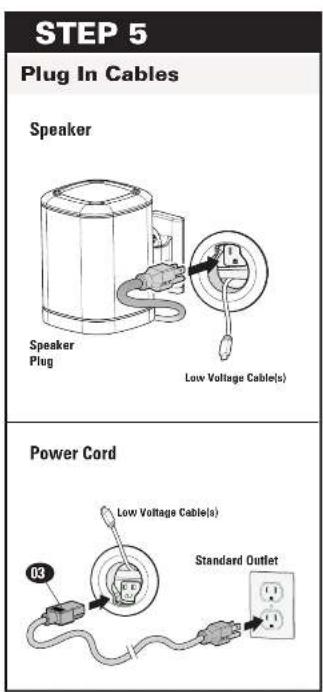 STEP 5 Plug In Cables Speaker Speaker Plug Low Voltage Cable(s) Power Cord 03 Low Voltage Cable(a) Standard Outlet