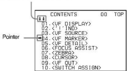 CONTENTS 00 TOP 01.〈VF DISPLAY〉 02.〈‘I’IND〉 03.〈VF SOURCE〉 04.〈VF MARKER〉 05.〈VF DETAIL〉 06.〈FOCUS ASSIST〉 07.〈ZEBRA〉 08.〈CURSOR〉 09.〈VF OUT〉 10.〈SWITCH ASSIGN〉 Pointer