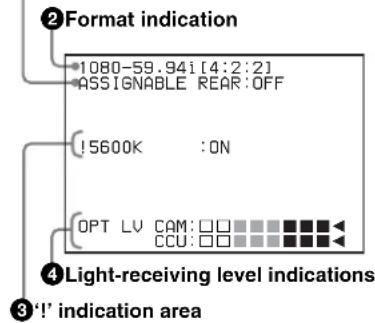 ②Format indication *1080-59.94i [4:2:2] *ASSIGNABLE REAR:OFF !5600K :ON OPT LV CAM:□□ ▼ ▼ ▼ ▼ ▼ ▼ CCU:□□ ▼ ▼ ▼ ▼ ▼ ▼ ④Light-receiving level indications ③‘!’ indication area
