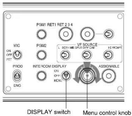 PGM1 RET1 RET 2 3-4 MIG ON OFF PTT PROD ENG PGM2 VF SOURCE L. BOTH MIX SPLIT DIFF CAM HD PREMPT INTERCOM DISPLAY ON OFF MENU ASSIGNABLE DISPLAY switch Menu control knob