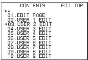 CONTENTS E00 TOP ↓↓ 01.EDIT PAGE 02.USER 1 EDIT →03.USER 2 EDIT 04.USER 3 EDIT 05.USER 4 EDIT 06.USER 5 EDIT 07.USER 6 EDIT 08.USER 7 EDIT 09.USER 8 EDIT 10.USER 9 EDIT