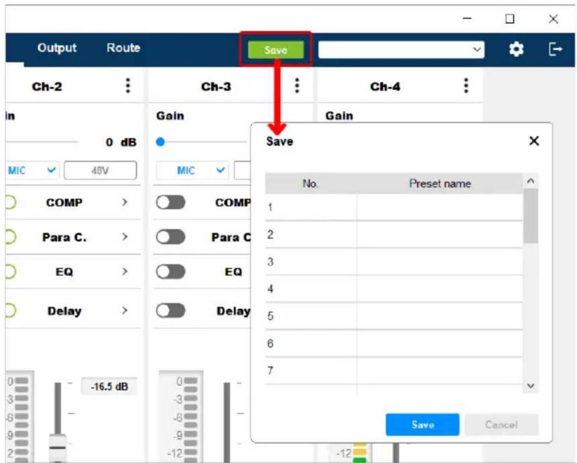 Output Route Ch-2 Ch-3 Ch-4 in 0 dB Gain Gain MIC 48V MIC COMP > COMP Para C. > Para C EQ > EQ Delay > Delay -16.5 dB Save Save Preset name No. Preset name 1 2 3 4 5 6 7 Save Cancel