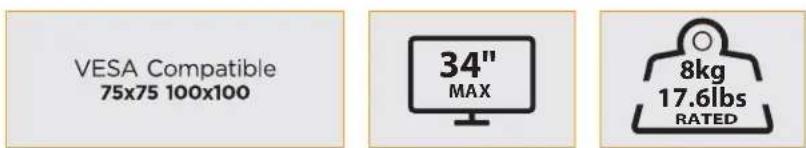 VESA Compatible 75x75 100x100 34" MAX 8kg 17.6lbs RATED