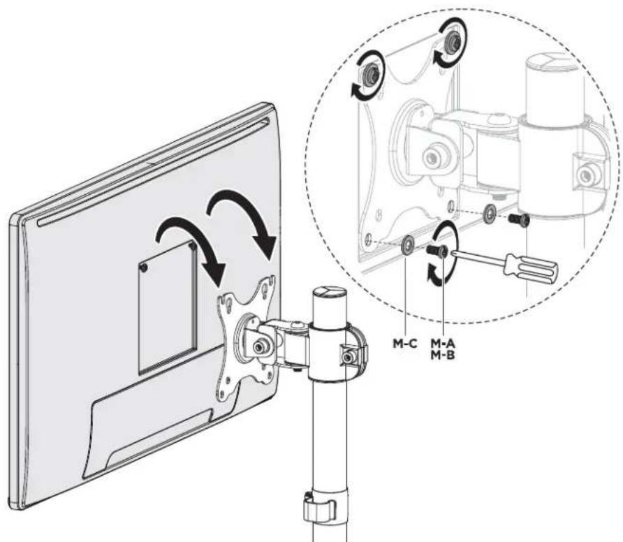 Technical diagram showing mechanical assembly with labeled components M-C, M-A, and M-B, including a close-up of a motor assembly.