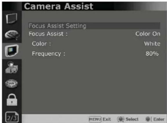 Camera Assist Focus Assist Setting Focus Assist : Color On Color : White Frequency : 80% MENU Exit Select Enter