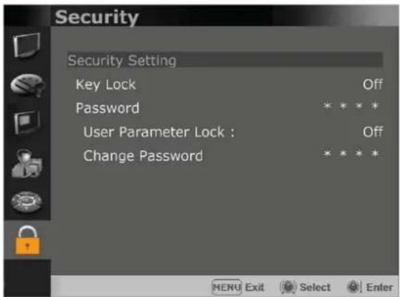 Security Security Setting Key Lock Off Password * * * * User Parameter Lock : Off Change Password * * * * * MENU Exit Select Enter