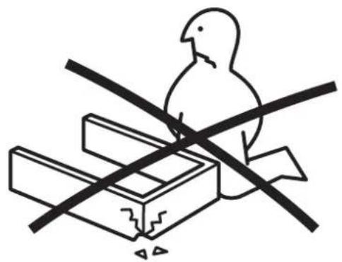 Simple line drawing of a bird perched on a box with two crossed lines, no text or symbols present.