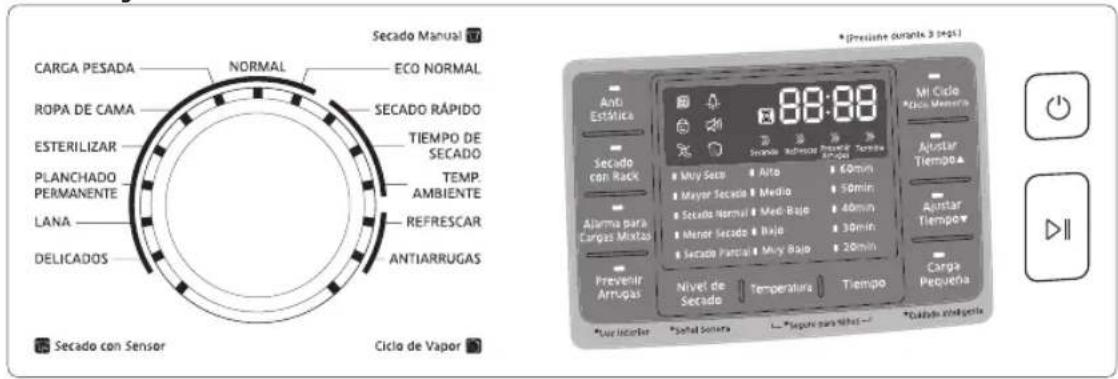 CARGA PESADA NORMAL ECO NORMAL ROPA DE CAMA SECADO RÁPIDO ESTERILIZAR TIEMPO DE SECADO PLANCHADO PERMANENTE TEMP. LANA TEMP. AMBIENTE REFRESCAR DEPLICADOS ANTIARRUGAS Secado con Sensor Ciclo de Vapor * (Presistre durante 3 pect.) 88:88 Ando Estática Ml Ciclo *Clima Menero Secado con Rack Señora Advisor Previctur Tarrada 60mm Alarma para Cargas Mixtas Mayor Secada Medio 50min Secado Normal Medi-Bajo 40min Mayor Secada Bajo 30min Secado Partial May Bajo 20min Prevenir Arrugas Nivel de Secado Temperature Tiempo Carga Pequeña *Laer Inclater *Señal Sonera L*Segue para Vías - *Culada Indiguela