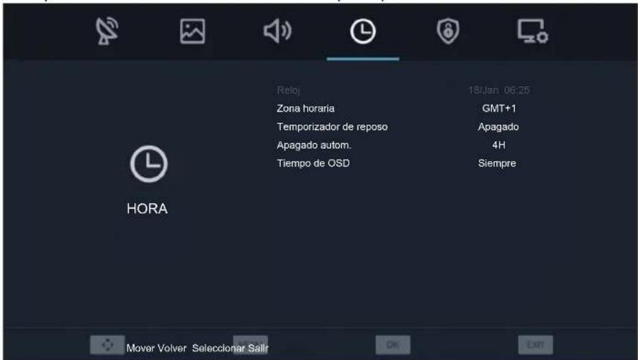 Rejoj 18/Jan 06:25 Zona horaria GMT+1 Temporizador de reposo Apagado Apagado autom. 4H Tiempo de OSD Siempre HORA Mover Volver Seleccionar Salir OK EXIT