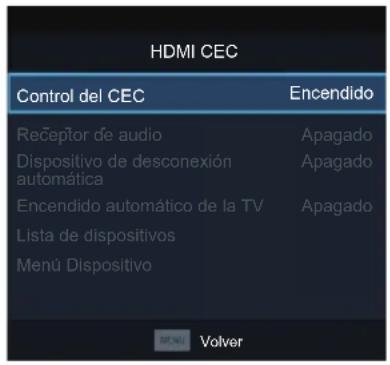 HDMI CEC Control del CEC Encendido Receptr de audio Apagado Dispositivo de desconexión automática Apagado Encendido automático de la TV Apagado Lista de dispositivos Menú Dispositivo MENU Volver