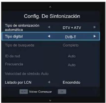 Config. De Sintonización Tipo de sintonización automática DTV + ATV Tipo digital DVB-T Tipo de busqueda Completo ID de red Auto Frecuencia Auto Velocidad de símbolo Auto Listado por LCN Encendido Volver Comenzar