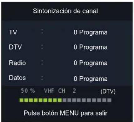 Sintonización de canal TV : 0 Programa DTV : 0 Programa Radio : 0 Programa Datos : 0 Programa 50 % VHF CH 2 (DTV) Pulse botón MENU para salir