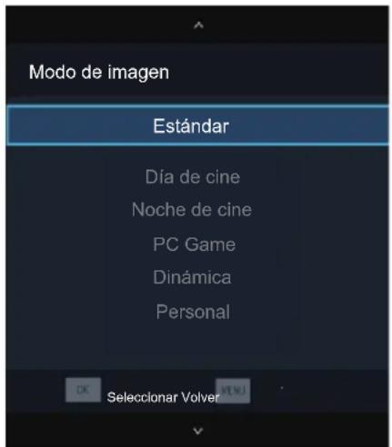 Modo de imagen Estándar Día de cine Noche de cine PC Game Dinámica Personal OK Selecionar Volver MENU