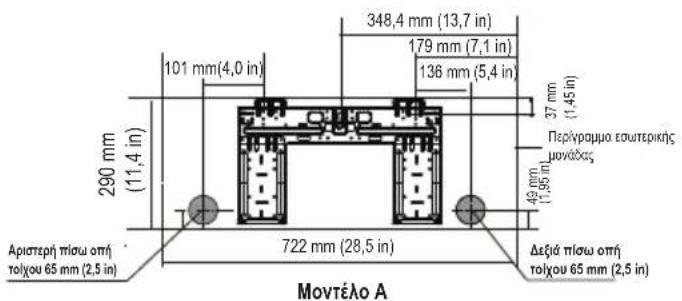 348,4 mm (13,7 in) 179 mm (7,1 in) 136 mm (5,4 in) 101 mm(4,0 in) 290 mm (11,4 in) 722 mm (28,5 in) Apistepri piou oth tolyou 65 mm (2,5 in) 37 mm (1,45 in) Περίγραμμο εσωτερικής μονάχας 49 mm (1,95 in) Δεξιά piou oth tolyou 65 mm (2,5 in) Movtelo A