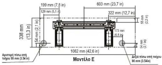 338 mm (13,3 in) 54 mm (2,1 in) 199 mm (7,8 in) 129 mm (5,1 in) 603 mm (23,7 in) 322 mm (12,7 in) 55 mm (2,2 in) 173 mm (6,8 in) 54 mm (2,1 in) 1082 mm (42,6 in) Μοντέλο Ε Αριστερή πίσω υπή τοιχου 90 mm (3.54 in) Δεξμά πίσω υπή τοιχου 90 mm (3.54in)