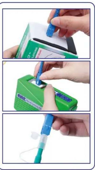Three-step procedure showing a hand using a blue pen to apply a small object onto a green device, with visible text labels and instructions.