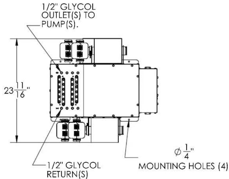 1/2" GLYCOL OUTLET(S) TO PUMP(S). 23 1/6" 1/2" GLYCOL RETURN(S) Ø 1/4" MOUNTING HOLES (4)