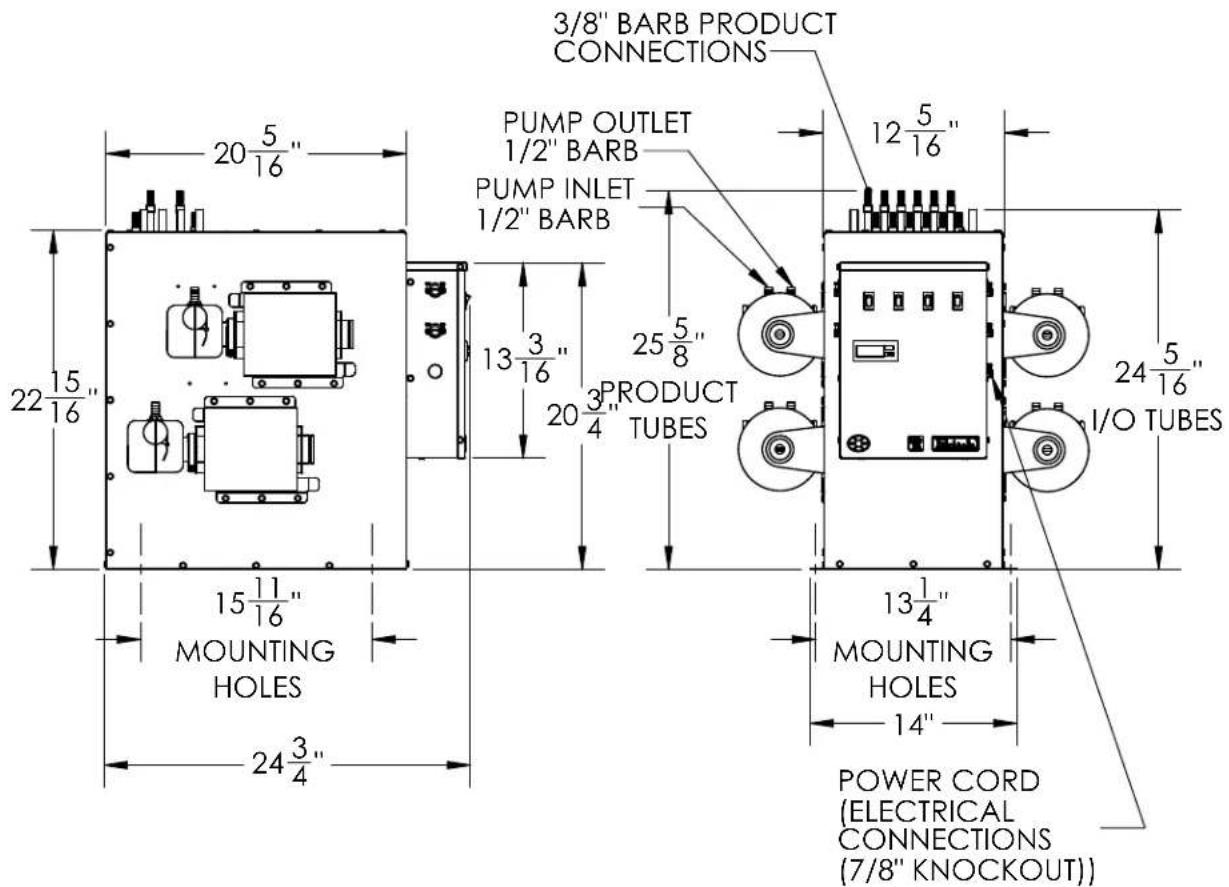 3/8" BARB PRODUCT CONNECTIONS PUMP OUTLET 1/2" BARB PUMP INLET 1/2" BARB 12 5/16" 20 5/16" 22 15/16" 13 3/16" 20 3/4" PRODUCT TUBES 25 5/8" 24 5/16" I/O TUBES 15 11/16" MOUNTING HOLES 24 3/4" 13 1/4" MOUNTING HOLES 14" POWER CORD (ELECTRICAL CONNECTIONS (7/8" KNOCKOUT)