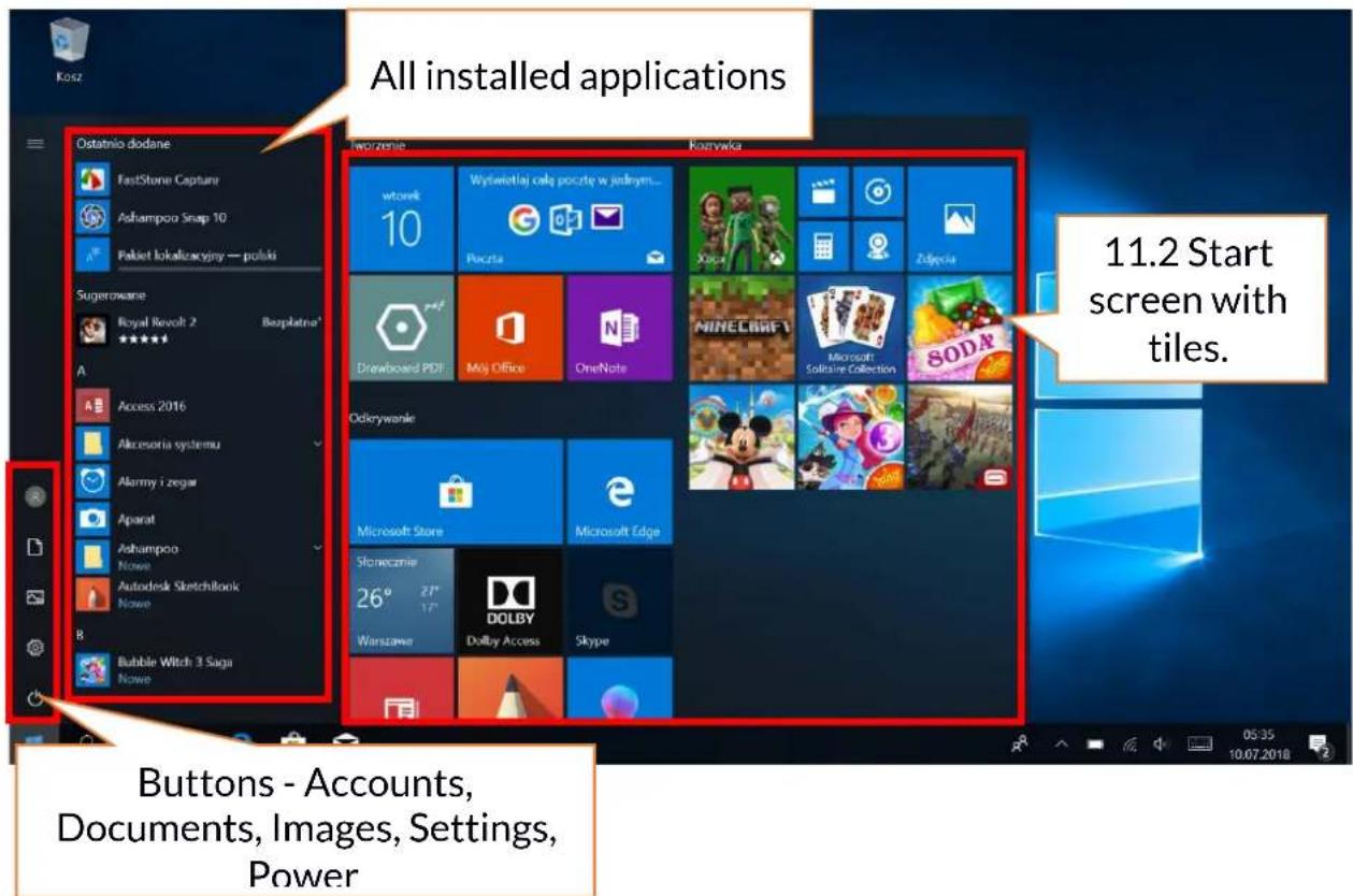 All installed applications 11.2 Start screen with tiles. Buttons - Accounts, Documents, Images, Settings, Power