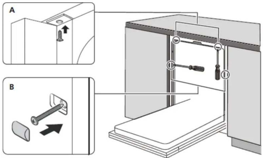 Technical diagram showing two steps of installing a screwdriver into a cabinet, with labeled components and directional arrows.