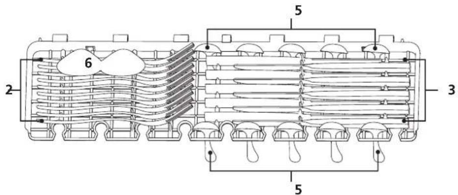 Technical diagram of a heat exchanger or cooling unit with numbered components and internal flow paths