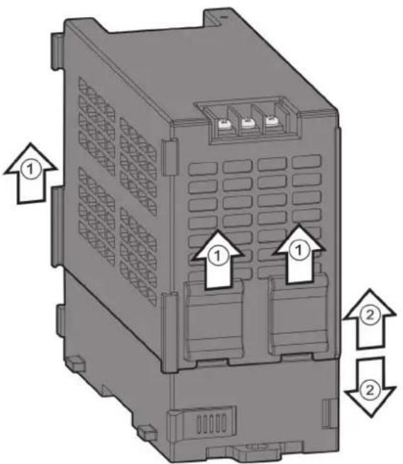 Diagram of a server rack with labeled ports and directional arrows indicating component placement