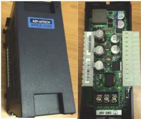 Two electronic devices: a black ADANTECH device labeled 'ADANTECH' and an open circuit board with visible components (no readable text beyond labels)
