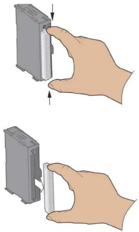Illustration of two hands inserting a device into a plastic housing (no text or symbols)
